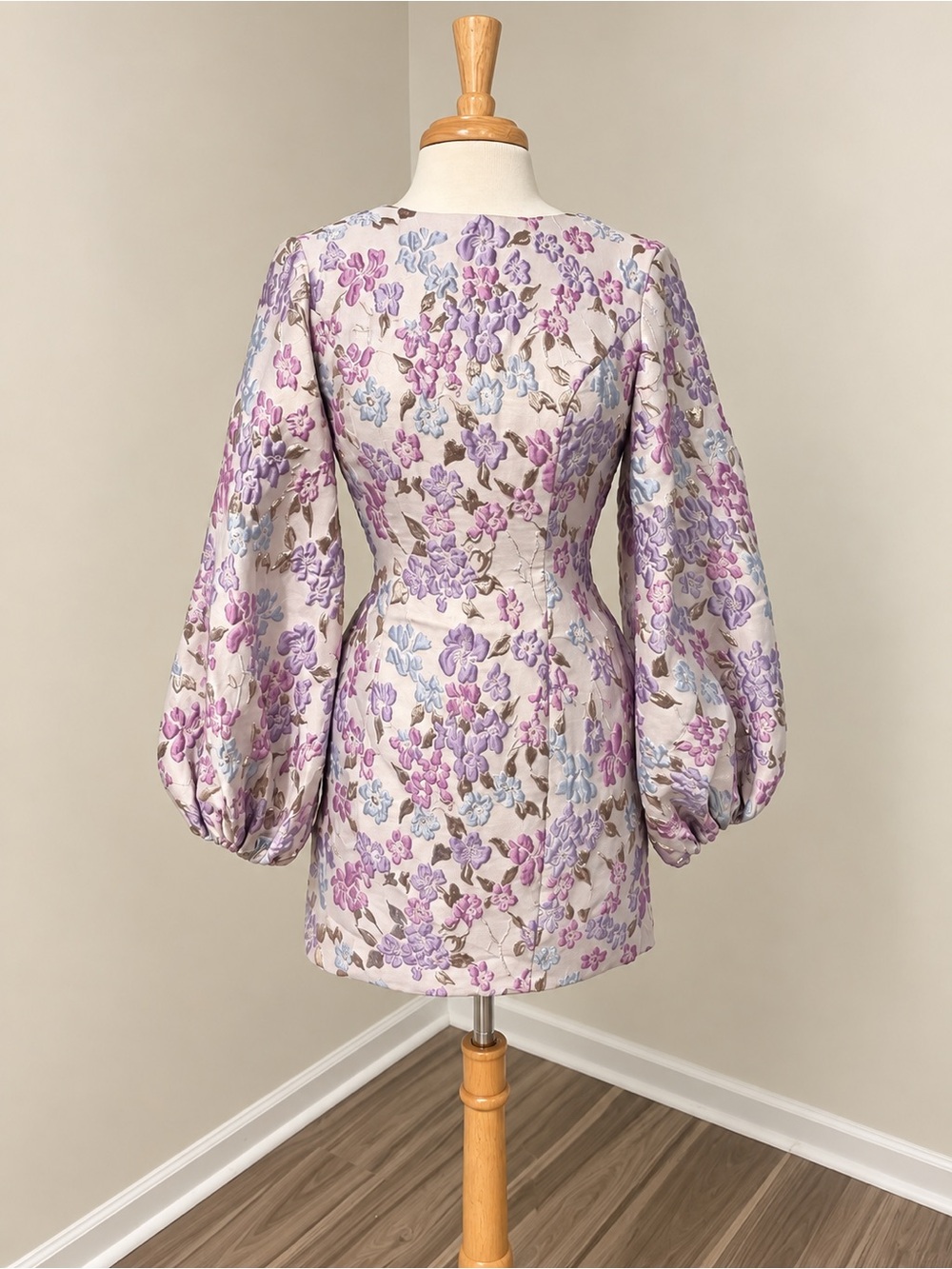Mac Duggal Purple Floral Brocade Balloon Sleeve Mini Dress Size 2